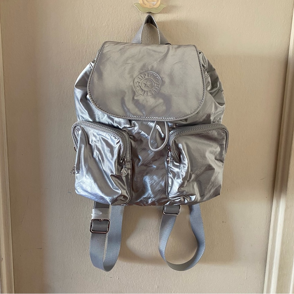 NWT Kipling Small Metallic Silver Anto Backpack with Drawstring and Pockets